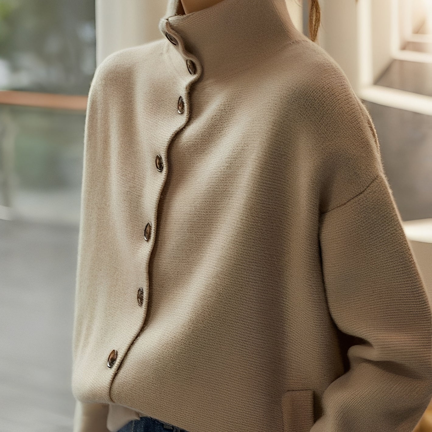 Damen Rollkragenpullover Locker Baumwolle Beige