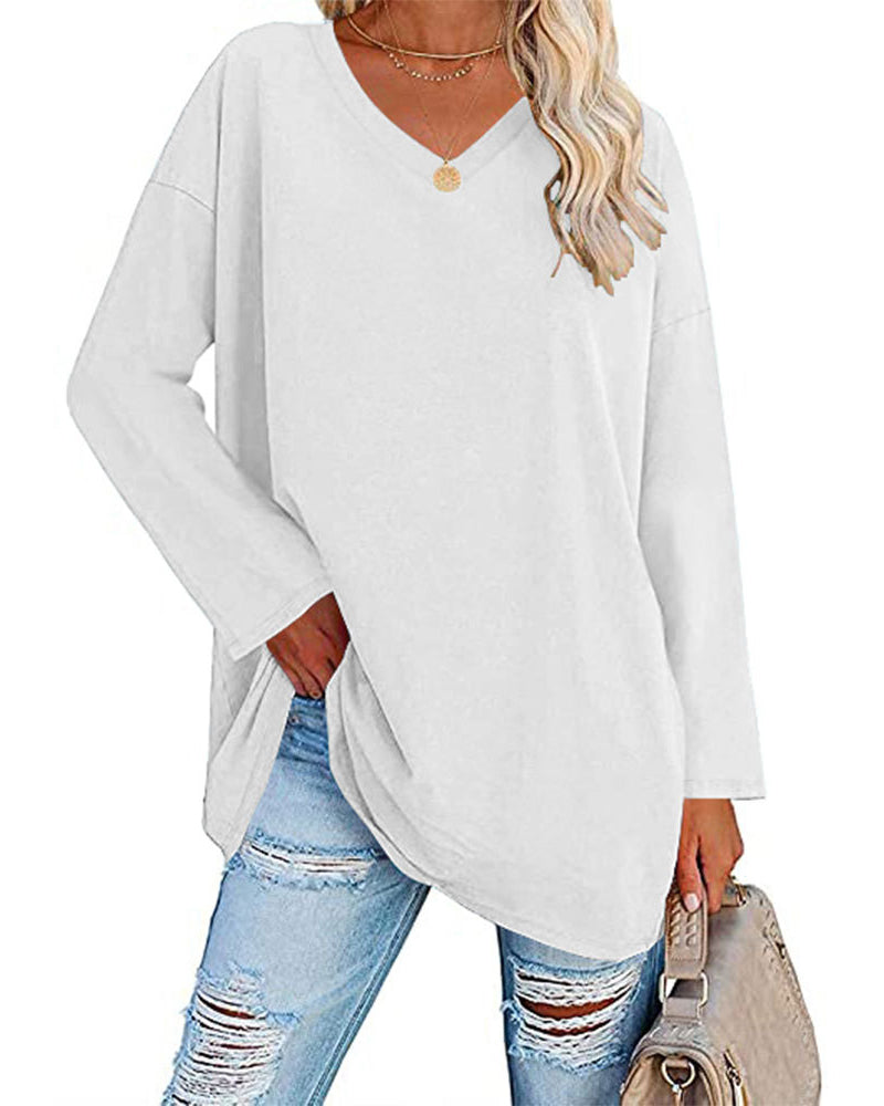 Norvielle Damen Langarm T-Shirt V-Ausschnitt Einfarbig