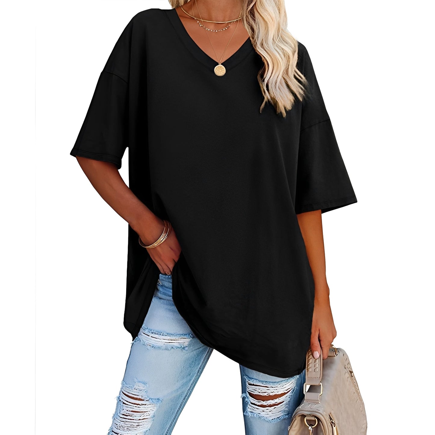 Damen V-Ausschnitt Shirt Lässig Leicht