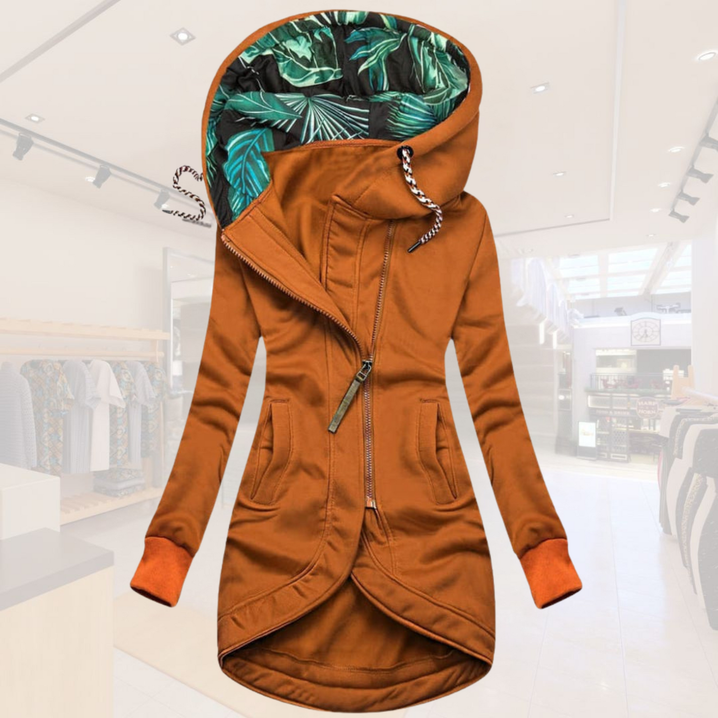 Damen Longjacke Kapuzenjacke Figurfreundlich