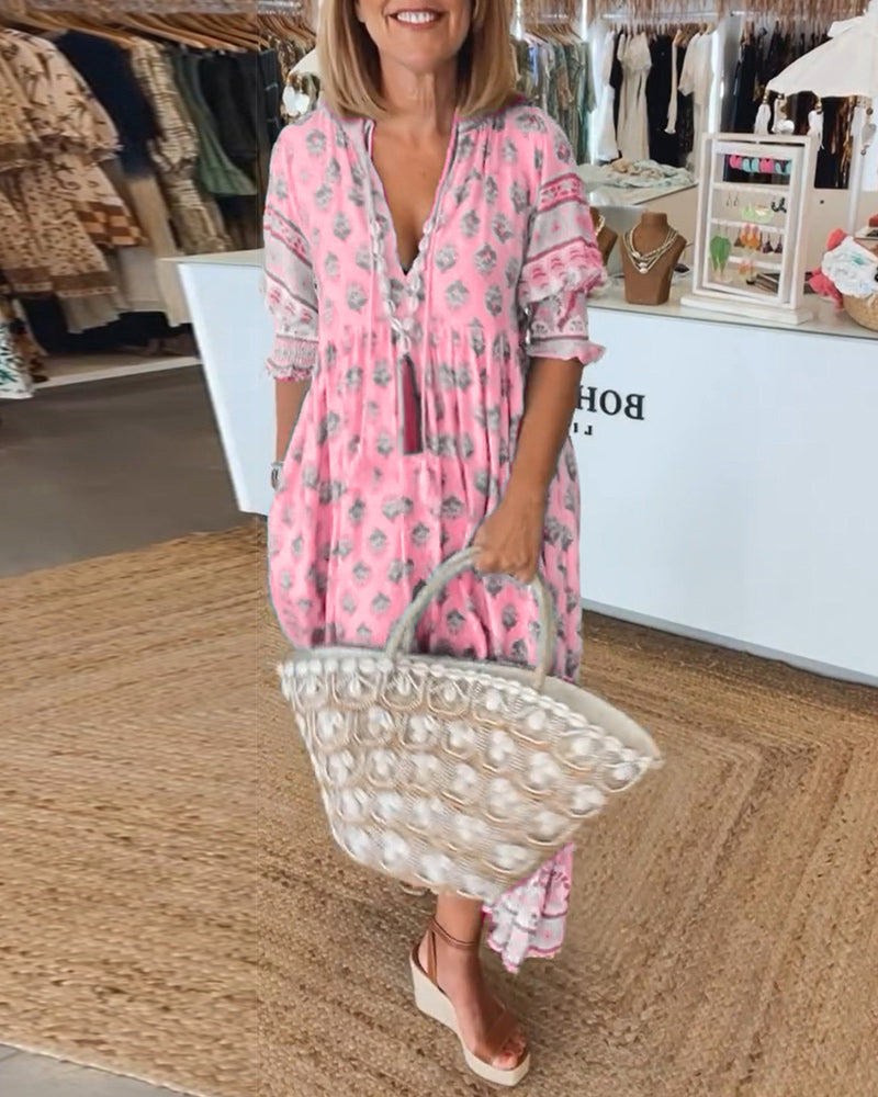 Damen Bedrucktes Sommerkleid V-Ausschnitt Halbärmel