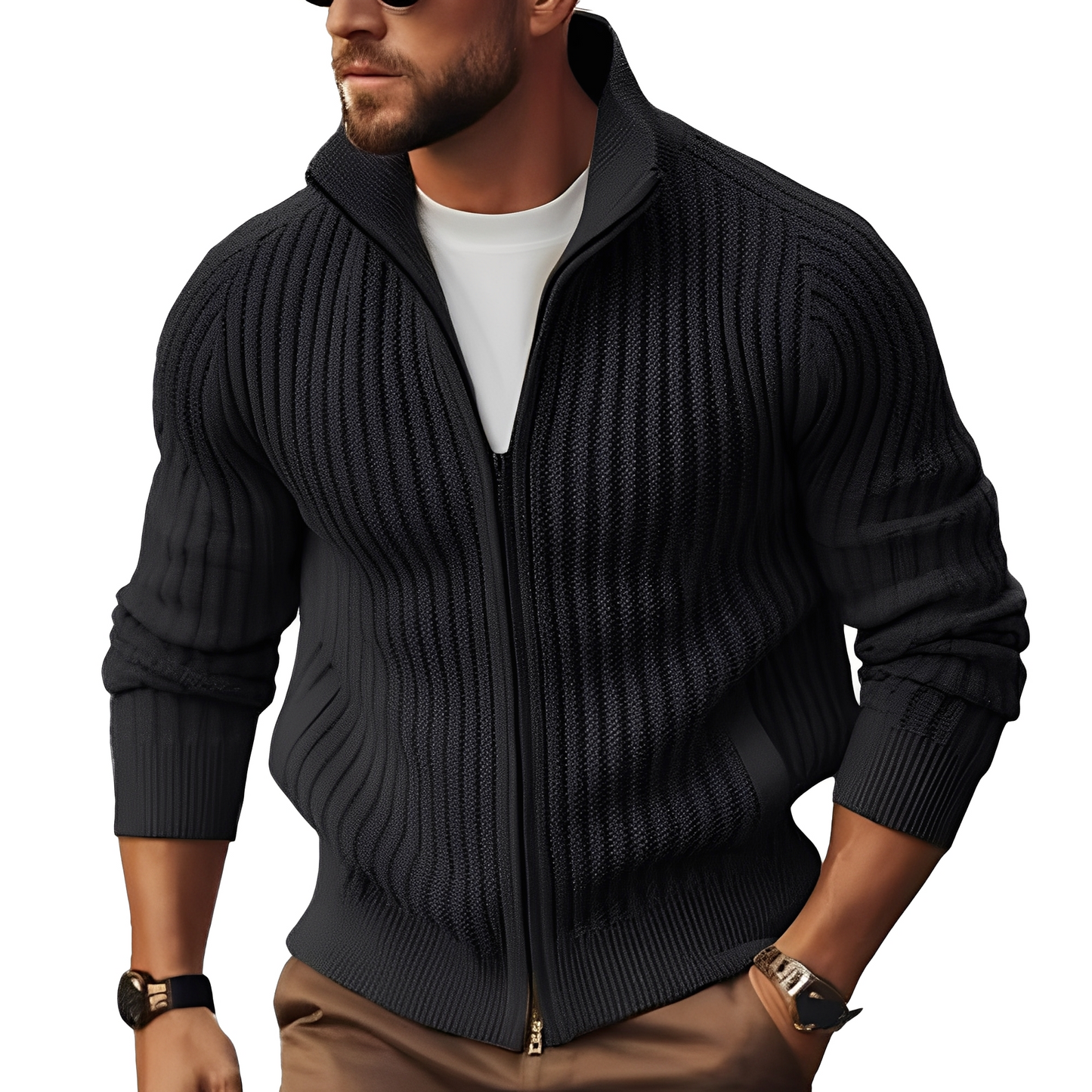 Herren Strickjacke Reißverschluss Strukturierter Cardigan Grau