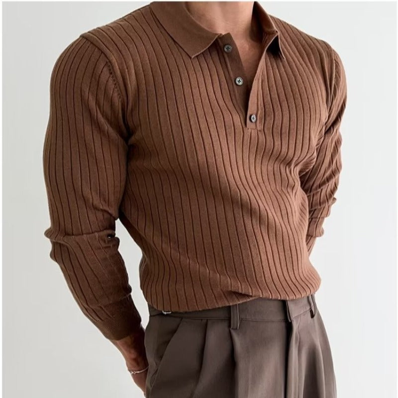 Herren Langarm Polo-Shirt Gerippt Knopfleiste Weiß