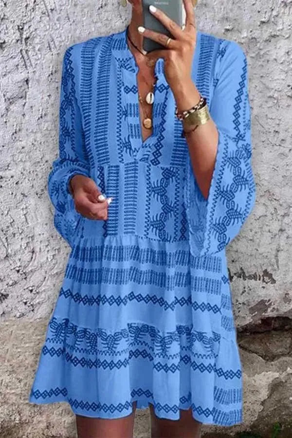 Damen Print-Kleid Ausgestellte Ärmel Stehkragen - Norvielle
