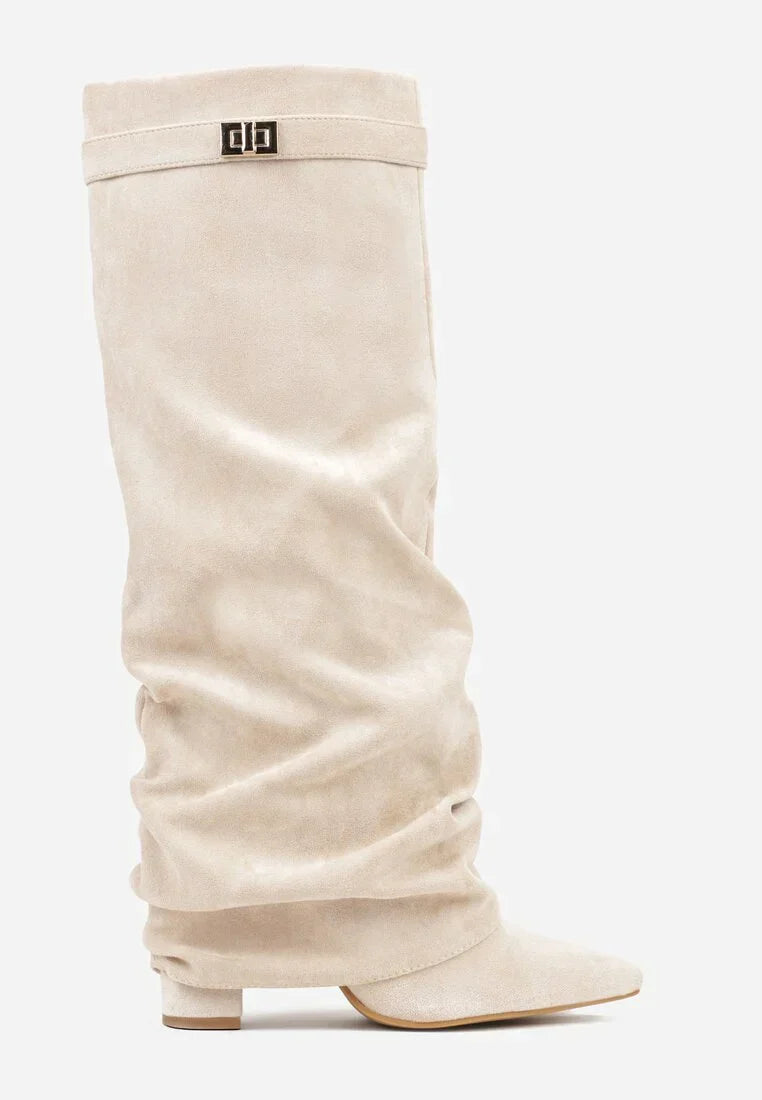 Damen Slouch Boots Faltstiefel Niedriger Absatz