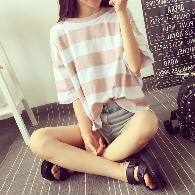 Damen Oversize T-Shirt Baumwollmix Streifen Leicht