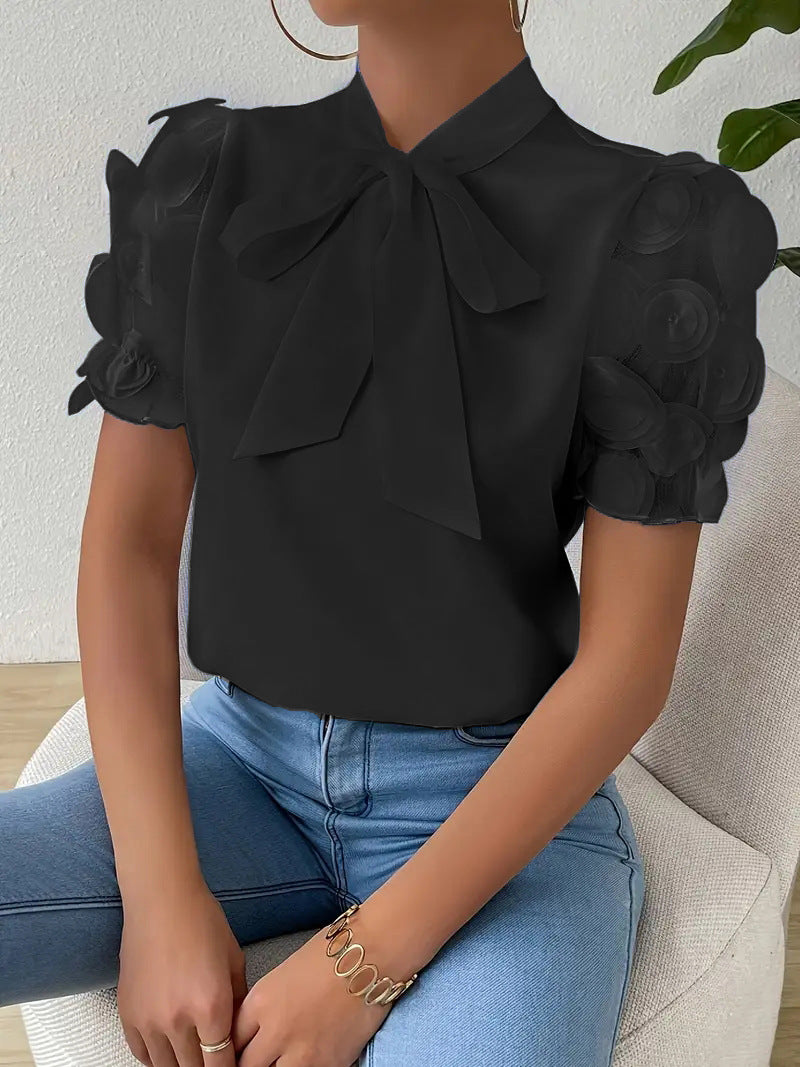 Damen Elegante Bluse Schleifendetail Durchsichtige Ärmel