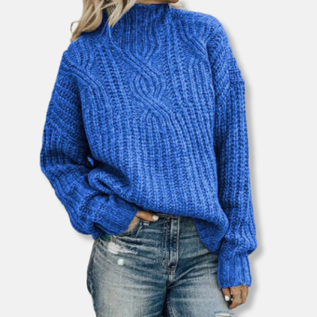 Wollpullover Damen Kabelstrick Sweatshirt Hoher Kragen Lässig