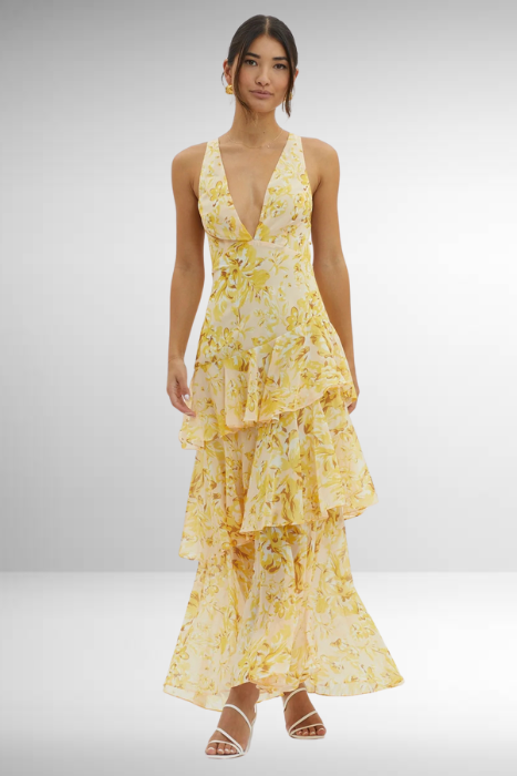 Cany Damen Maxikleid Blumenmuster V-Ausschnitt Stufenrock