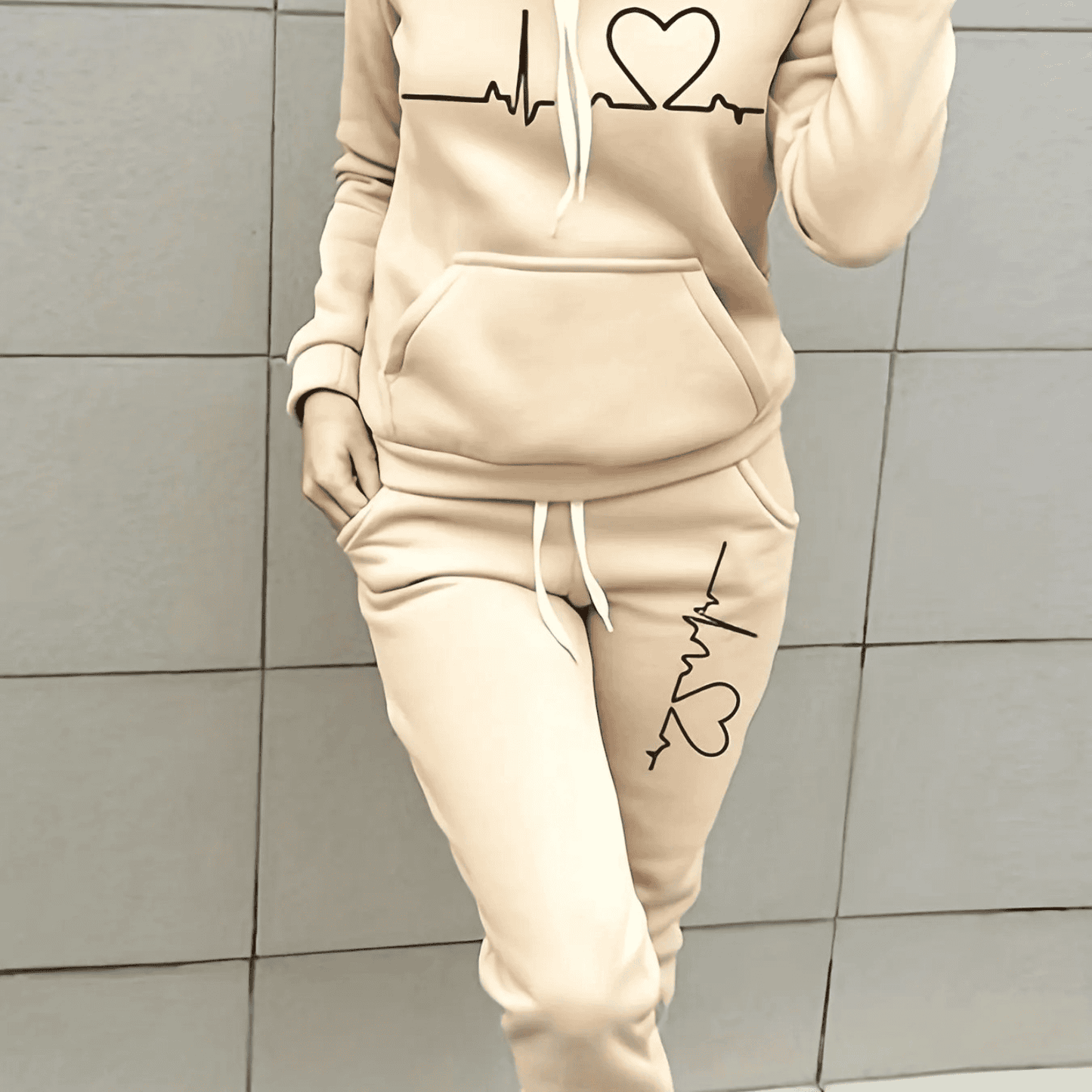 Damen Winter Hoodie Jogginghose Set Herzsmotiv