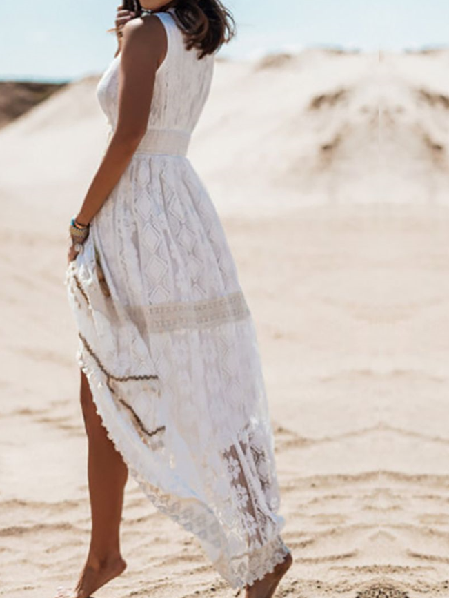 Damen Maxikleid Boho Spitze V-Ausschnitt