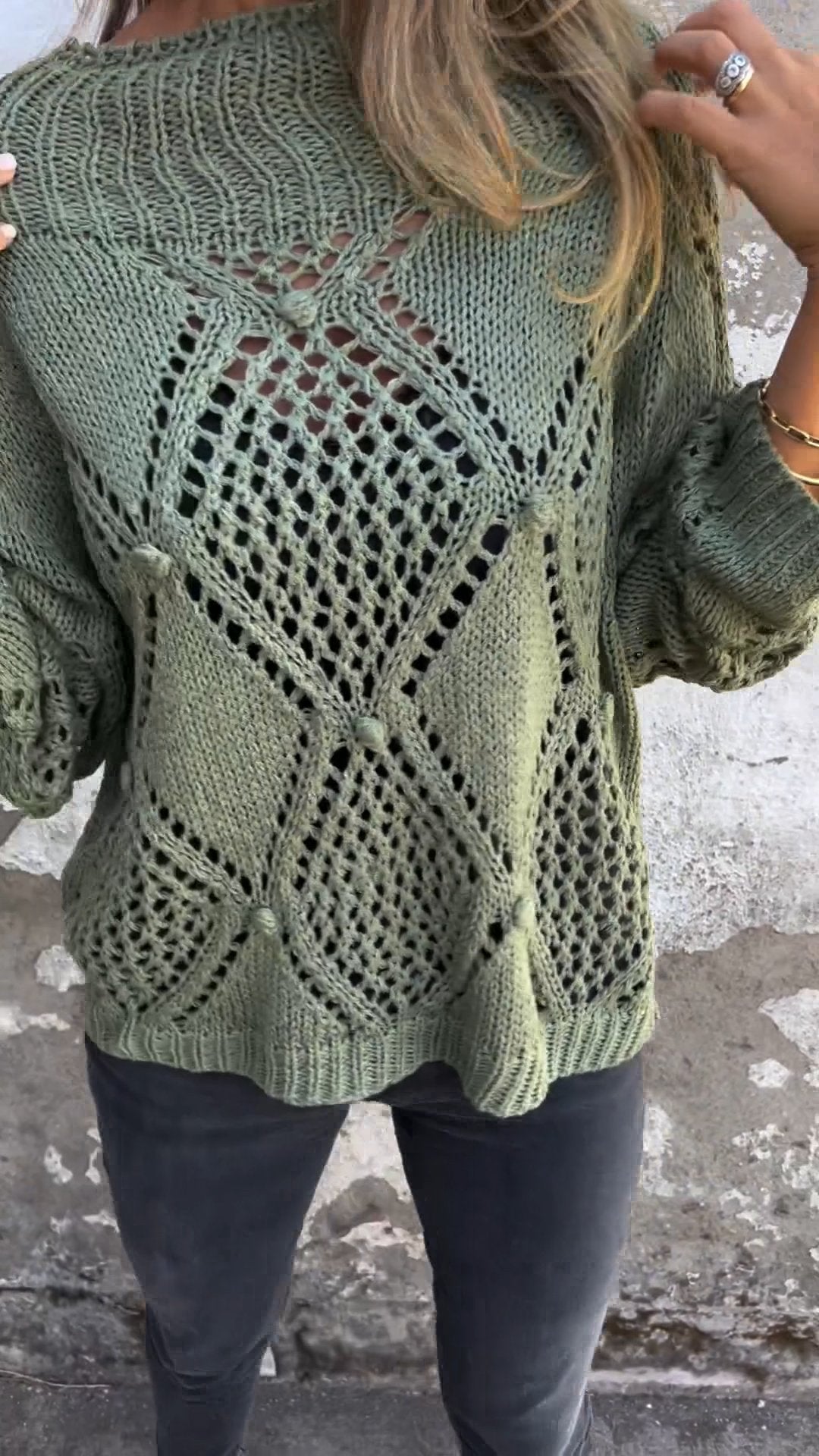 Brenneth Damen Langarm-Stricktop Rundhalsausschnitt Hohldesign