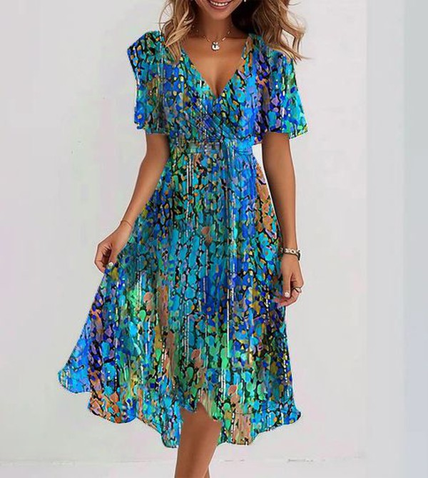 Norvielle Damen Midi Kleid Blau Kurzärmelig - Norvielle