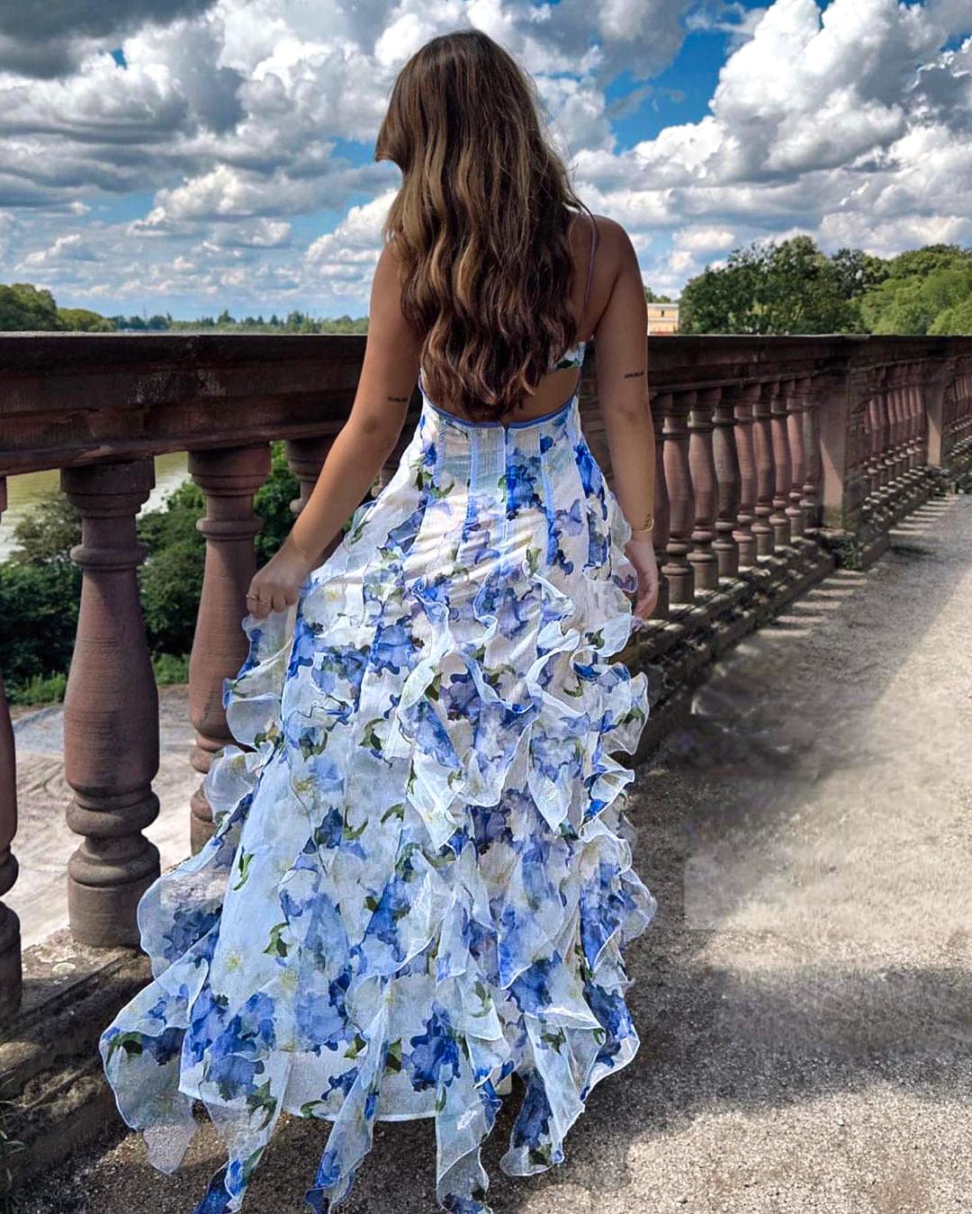 Damen Maxikleid Rüschen Blumenmuster