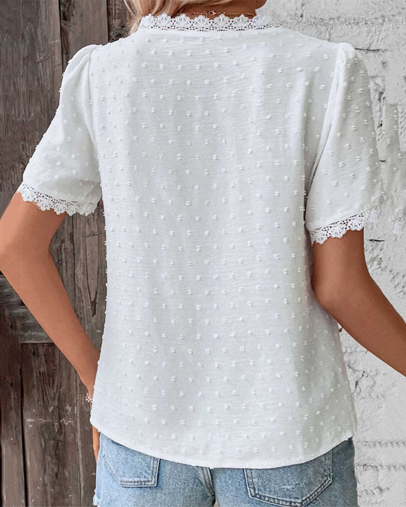 Damen V-Ausschnitt Spitzen-Shirt Weiß Kurzarm Sommerlich