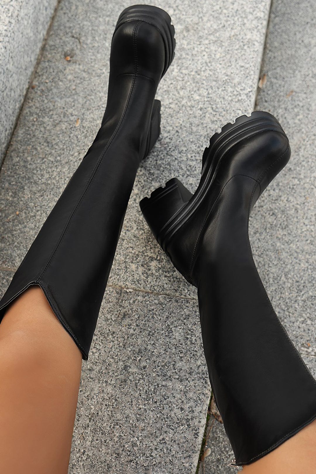 Damen Plateau-Stiefel Kniehoch Leder
