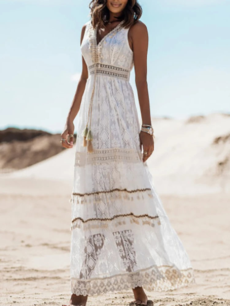 Damen Boho Maxikleid Sommerkleid Baumwolle
