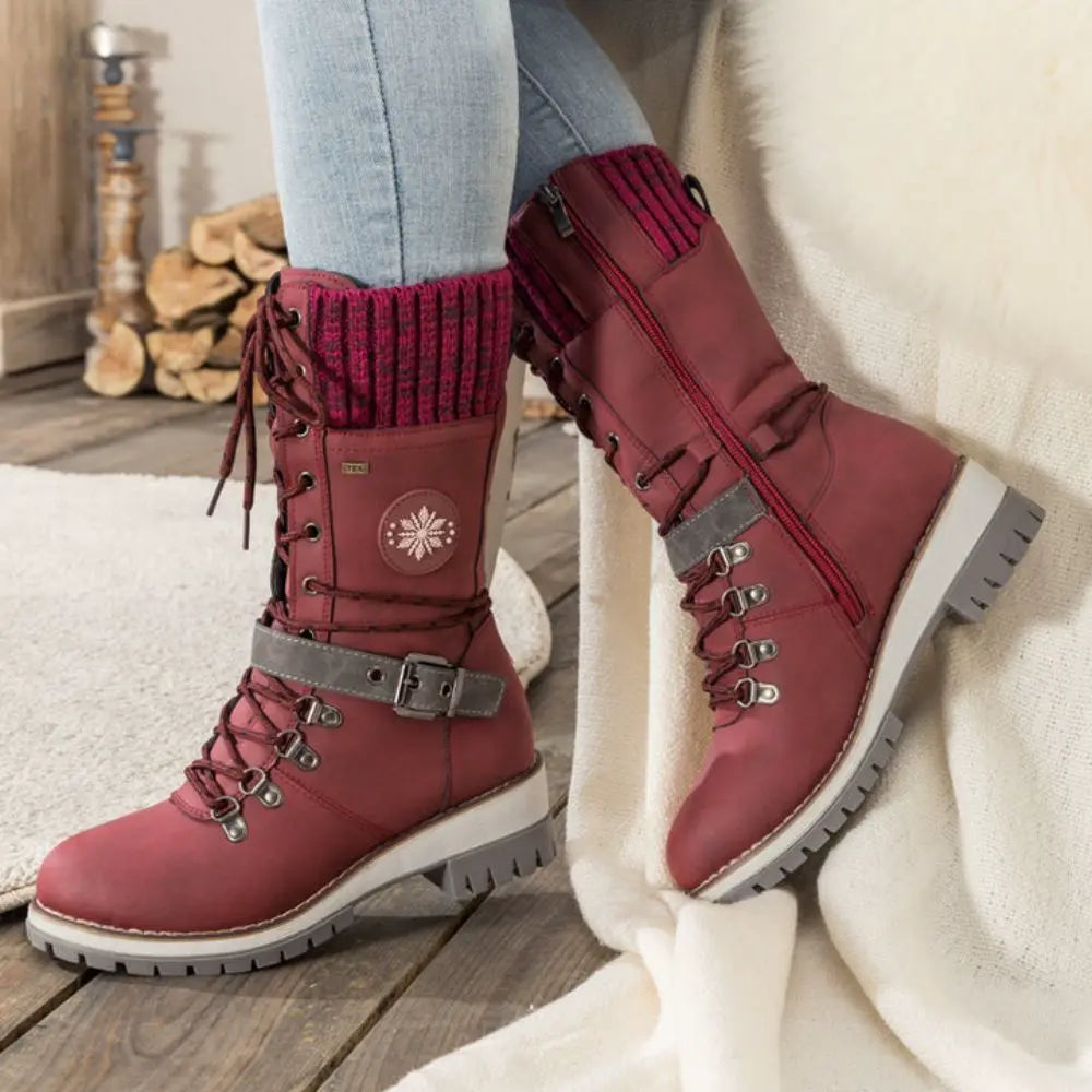 Damen Winterstiefel Leder Schnürverschluss Rutschfeste Sohle