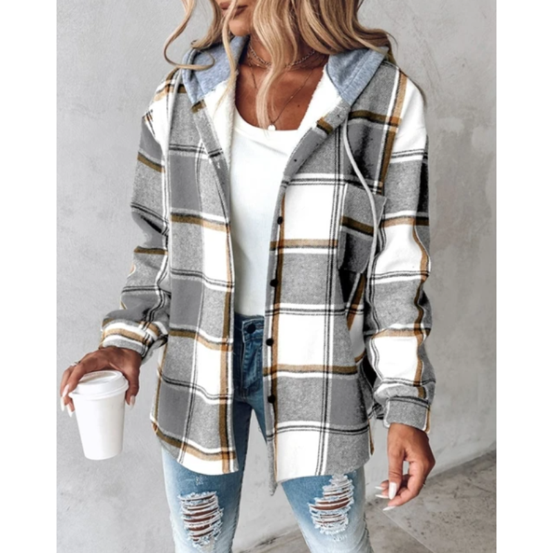 Norvielle Damen Winterhoodie Kariert Mit Knöpfen