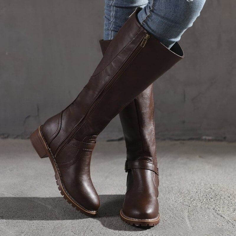 Damen Stiefel Kniehoch Blockabsatz Rundzehen Leder