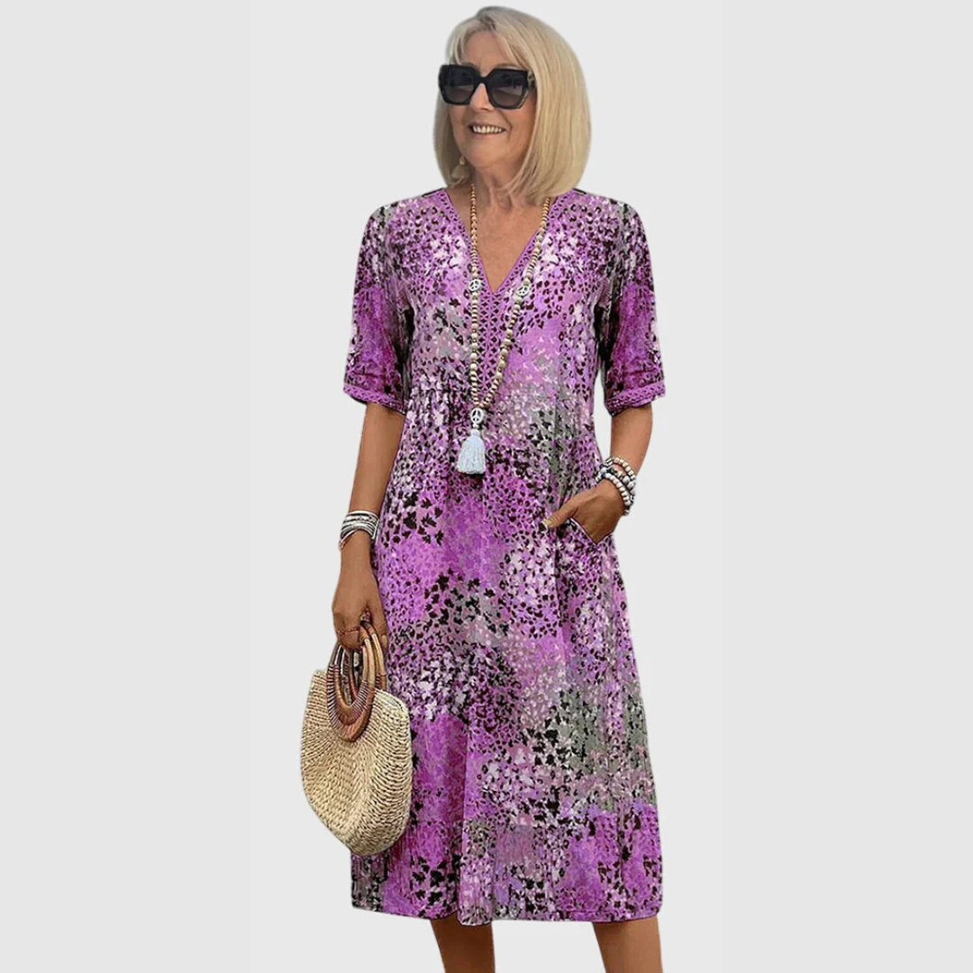 Damen V-Ausschnitt Midi Kleid Bedruckt