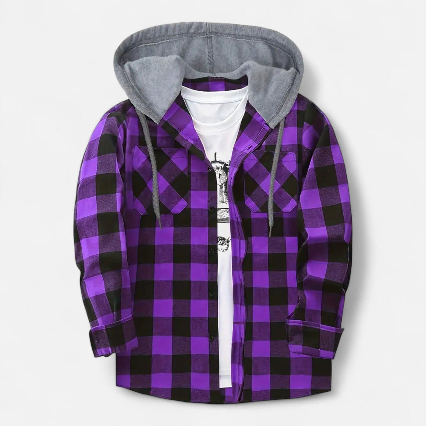 Herren Karo-Hoodie mit Knöpfen und Kordelzug