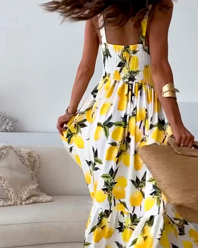 Norvielle Damen Riemchenkleid Zitronendruck