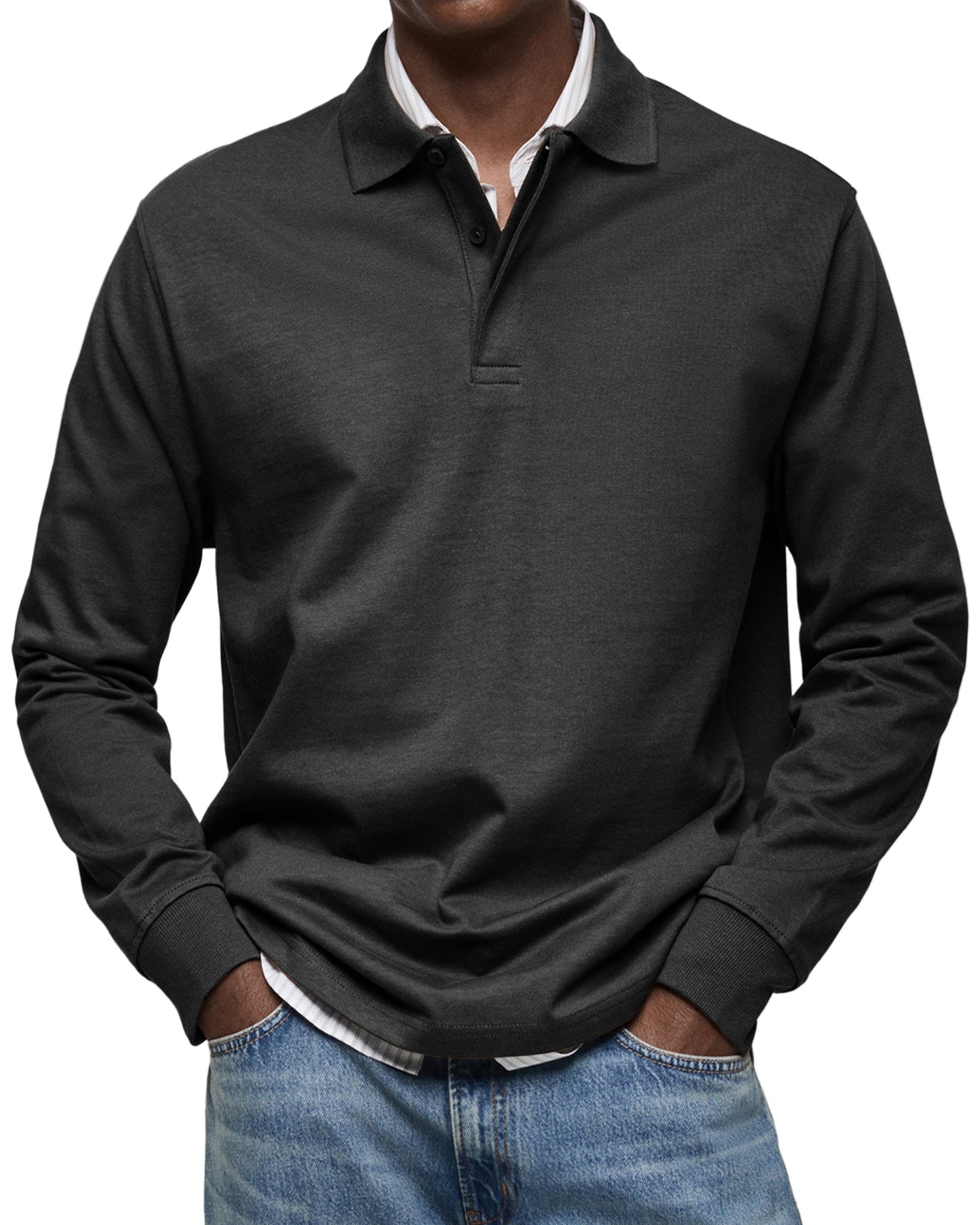 Herren Langarm-Poloshirt Knopfleiste Klassisch Weiß