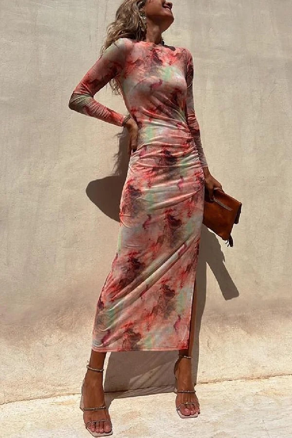 Damen Langarm Midi Kleid aus Stretch mit Rüsch und Mesh-Überzug,