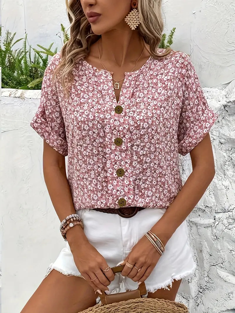 Damen Sommerbluse Lässig Floralmuster Knopfleiste