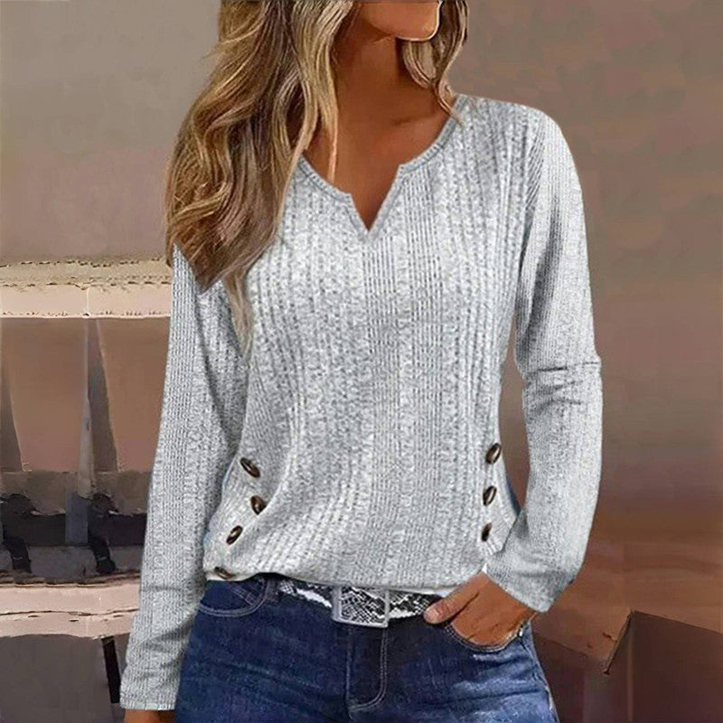 Grauer Damen Strickpullover mit Zierknöpfen - Norvielle