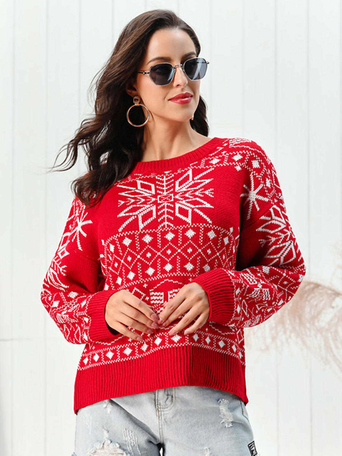 Damen Weihnachtspullover Rundhals Rot Schneemuster