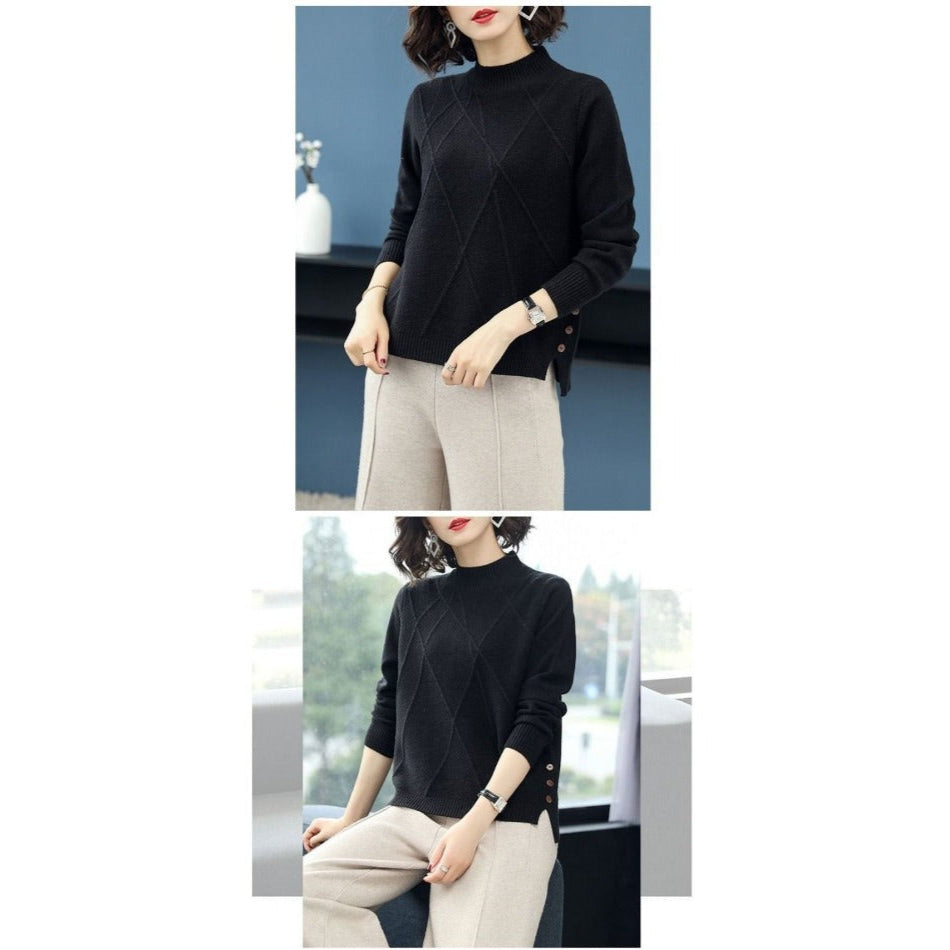Damen Strickpullover Seitliche Knöpfe Romana