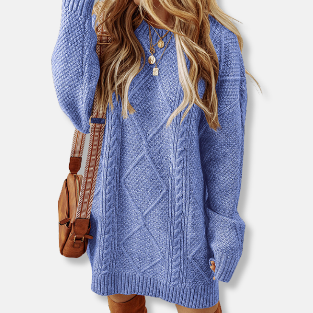 Damen Sweatshirt Kabelstrick Lockere Passform Knielang Langarm Grau