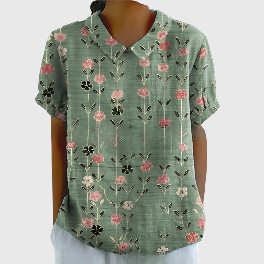 Damen Blume Bluse Kurzarm mit Kragen