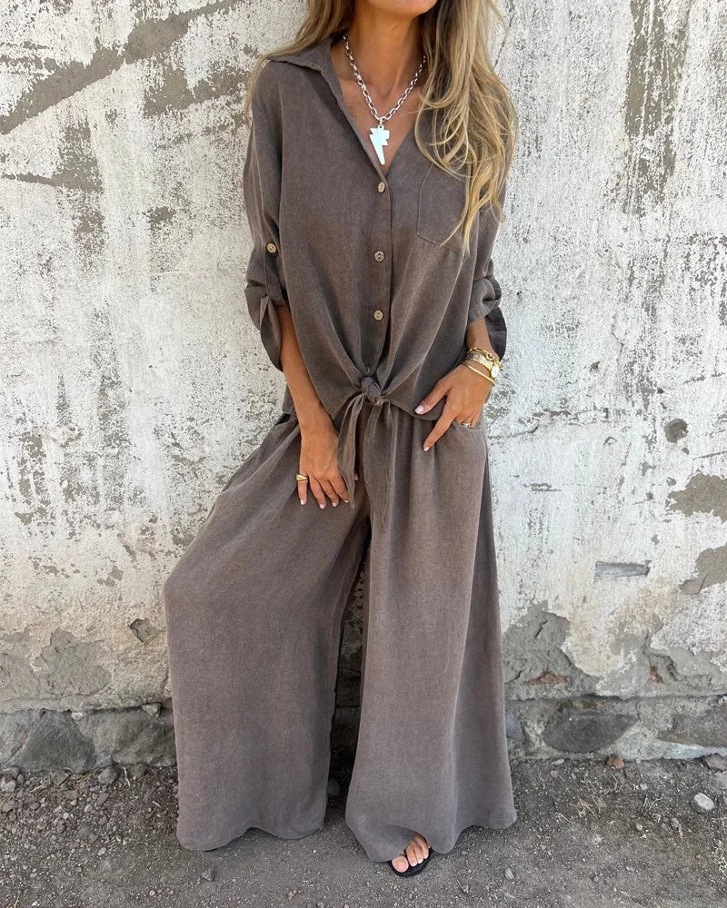 Damen Zweiteiler Uni Farbe Weite Hose Locker Bluse