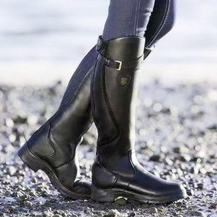 Kniehohe Damenstiefel Riemendetail Leder