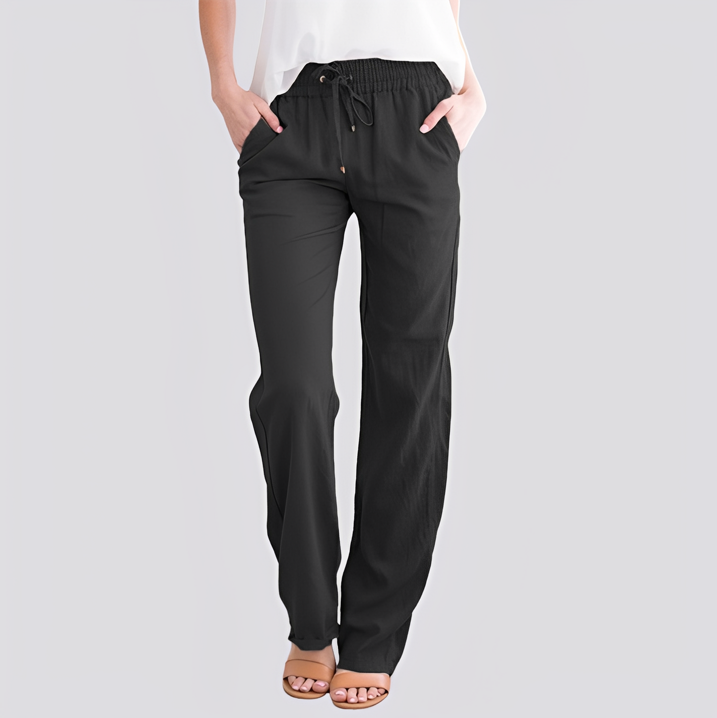 Damen Hose Elastischer Bund Leicht Beige