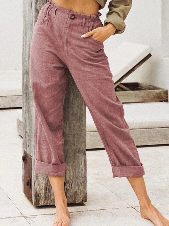 Damen High-Waist Leinenhose Mit Aufschlag Beige