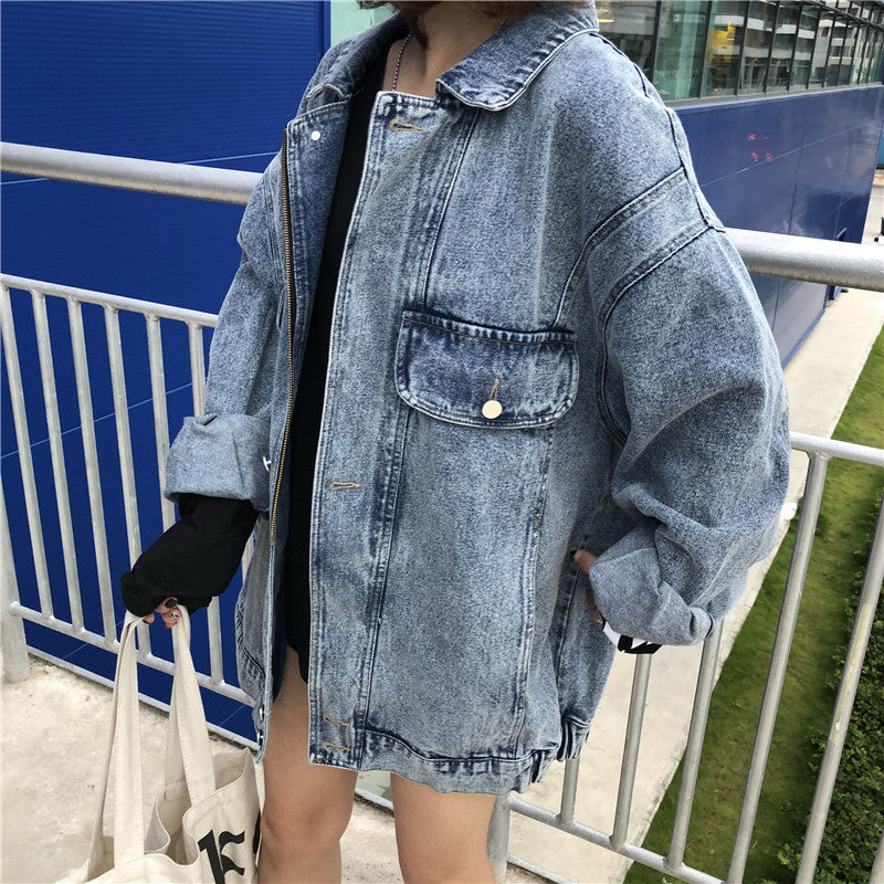 Damen Oversized Denimjacke Dekorative Taschen