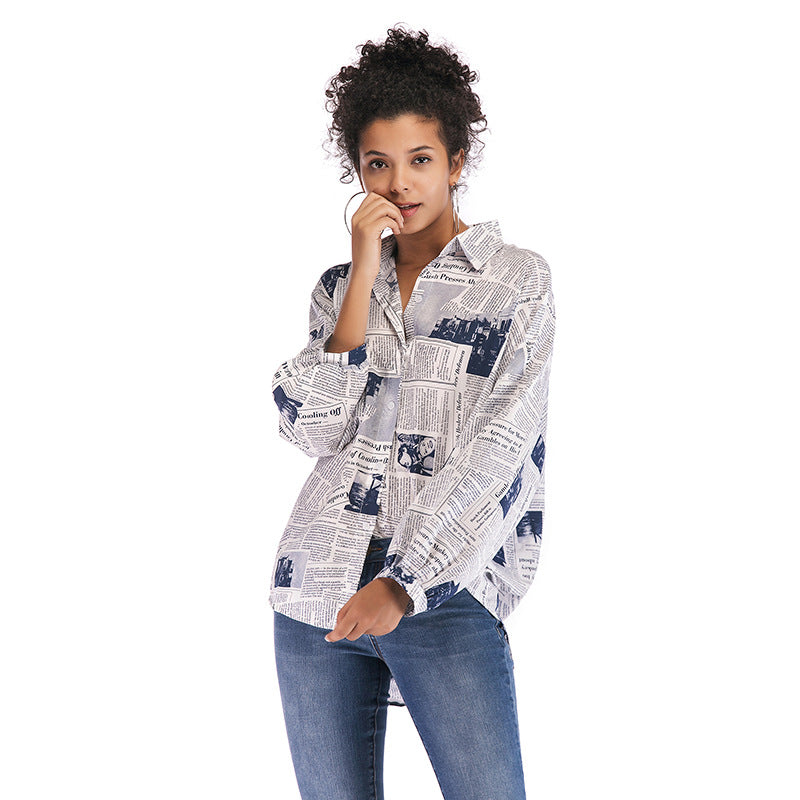 Damen Hemdbluse Moderner Zeitungsdruck Oversized Norvielle