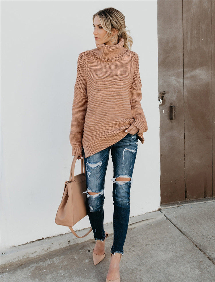 Damen Grobstrickpullover Hoher Kragen Voluminöse Ärmel Norvielle