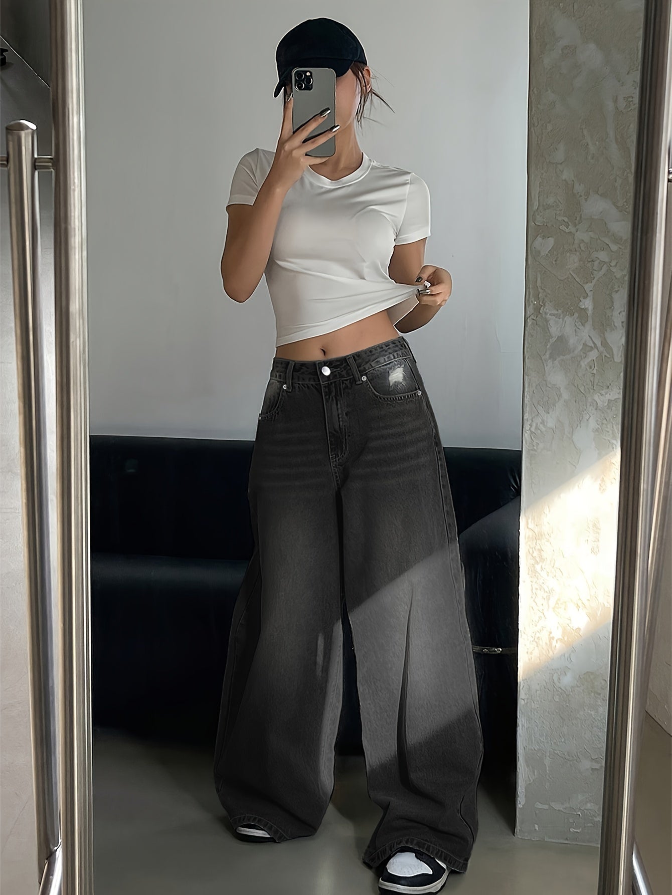 Damen Baggy Jeans Weite High Waist Gerades Bein