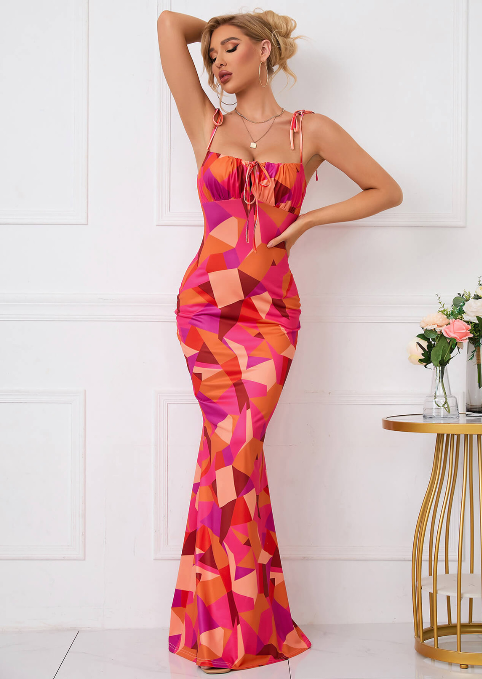 Damen Maxikleid Blumenmuster Schleifen Details Sommer Farben