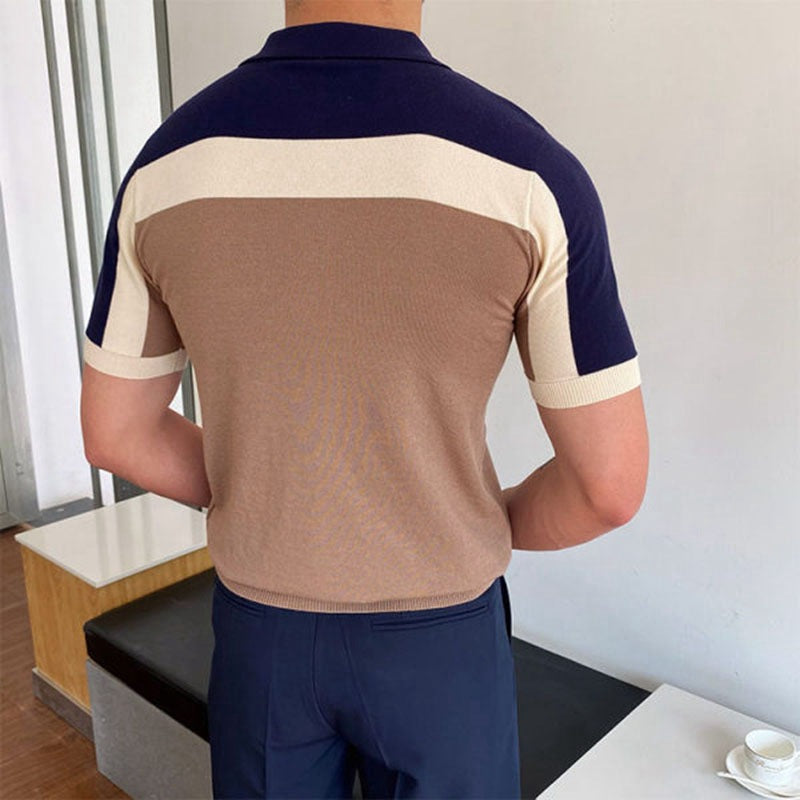Herren Polo-Shirt Color-Block Knopf Baumwolle Weiß-