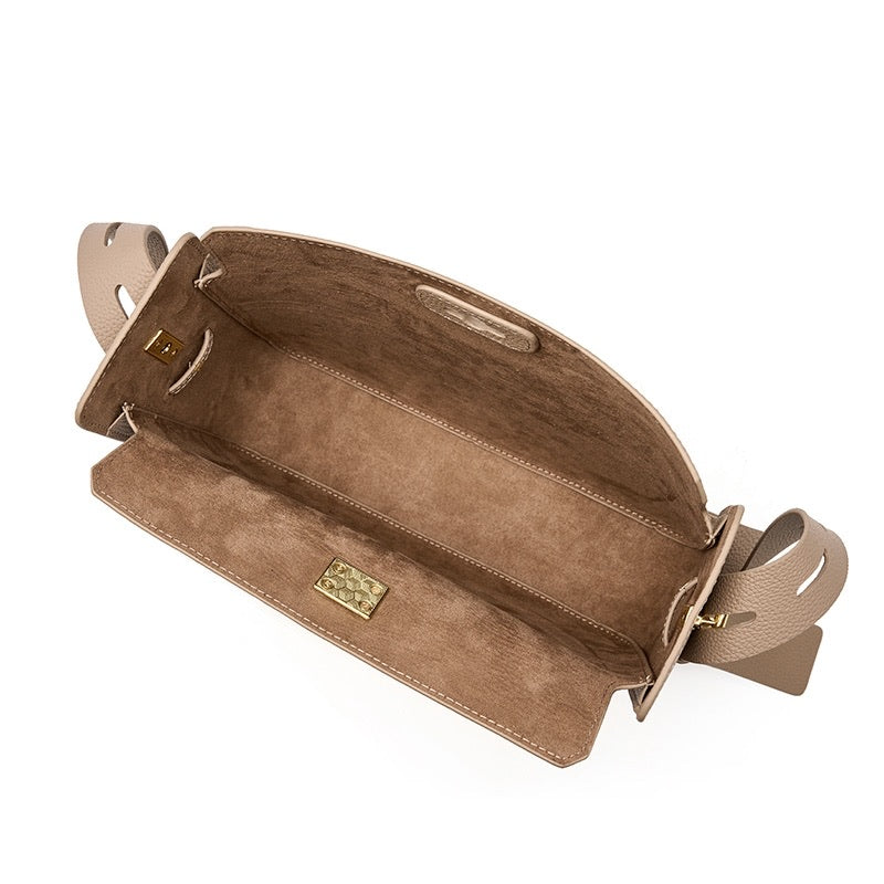 Elegante Damen Lederhandtasche Drehverschluss Gold Details