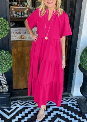 Damen Maxi Kleid V-Ausschnitt Luftig Sommerlich