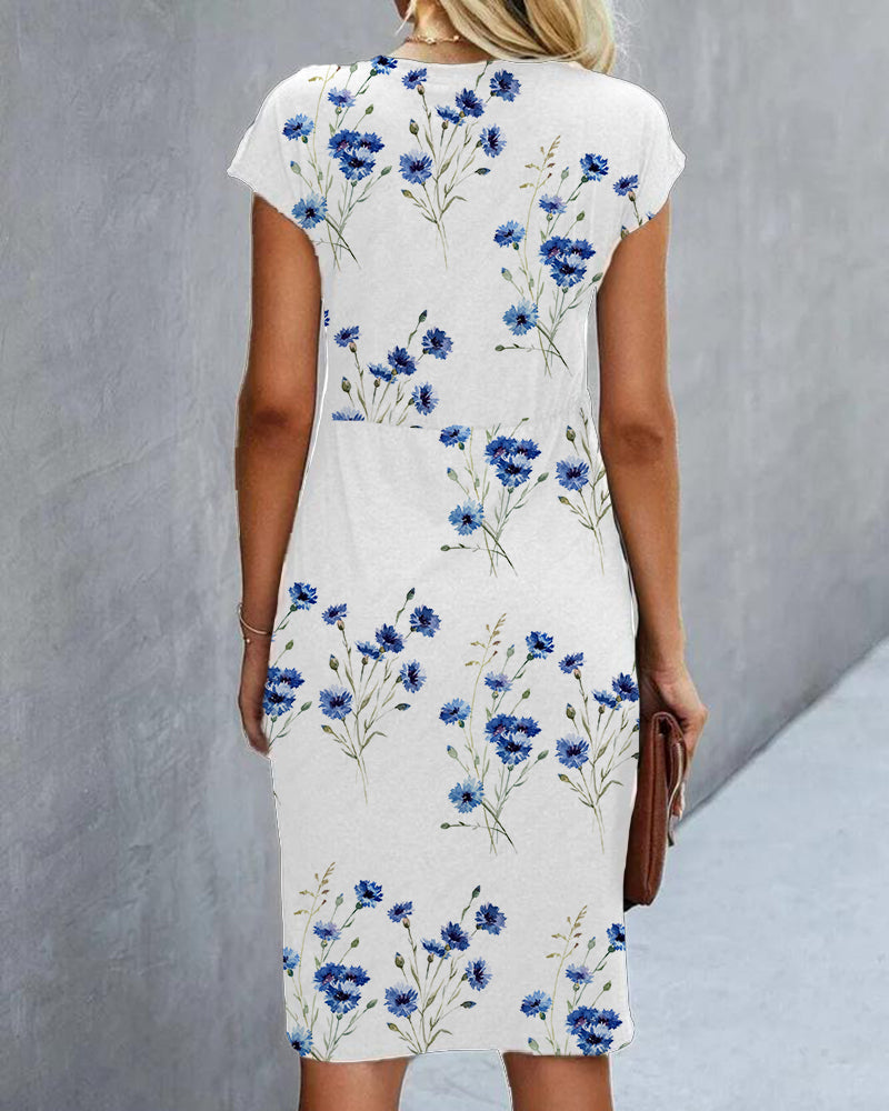 Damen Wickelkleid Blumenmuster Kurzärmelig Midi