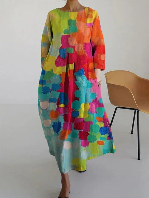 Damen Maxikleid Abstraktes Blumenmuster Länge Mit Langen Ärmeln