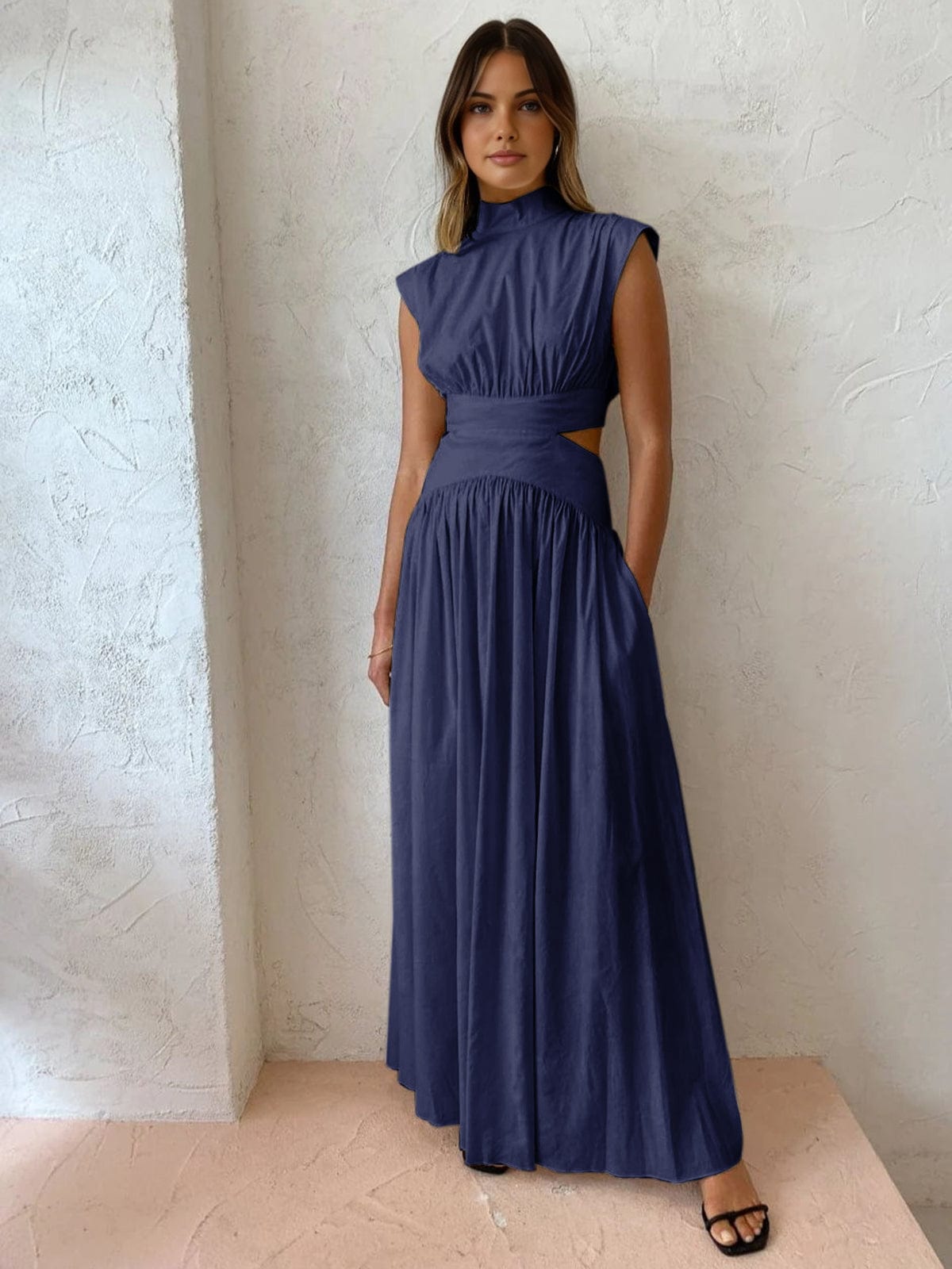 Damen Maxikleid Stehkragen Cut-Outs Schwarz - Norvielle